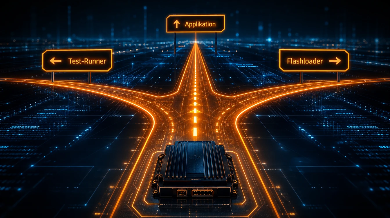 Control unit at a fork in the road with signposts to application, test runner and flashloader