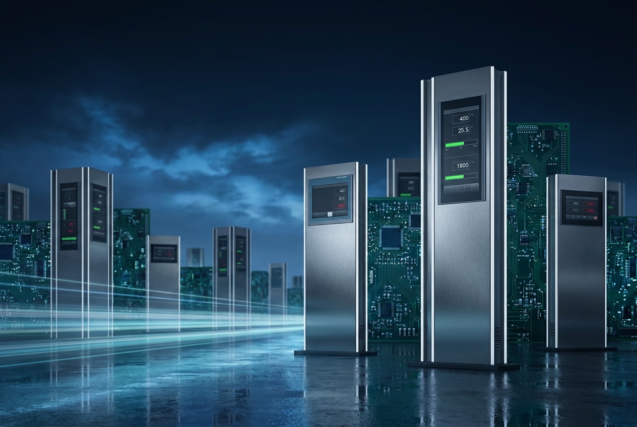 Stainless-steel control housings with displays in front of circuit-board structures resembling a city skyline