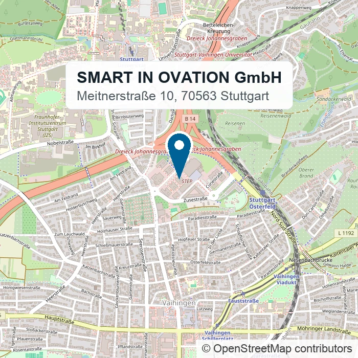 Site map: SMART IN OVATION GmbH, Meitnerstraße 10, 70563 Stuttgart-Vaihingen (map data © OpenStreetMap contributors)