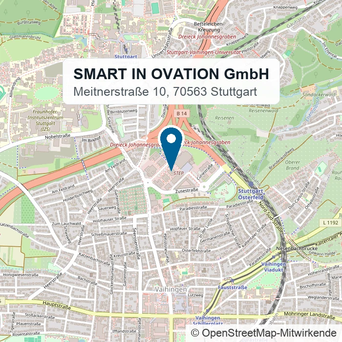 Lageplan: SMART IN OVATION GmbH, Meitnerstraße 10, 70563 Stuttgart-Vaihingen (Kartendaten © OpenStreetMap-Mitwirkende)