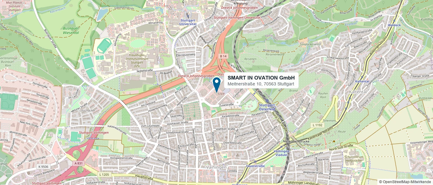 Lageplan: SMART IN OVATION GmbH, Meitnerstraße 10, 70563 Stuttgart-Vaihingen (Kartendaten © OpenStreetMap-Mitwirkende)