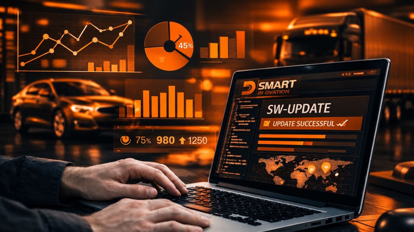 Laptop showing a successful software update, with a vehicle and charts in the background